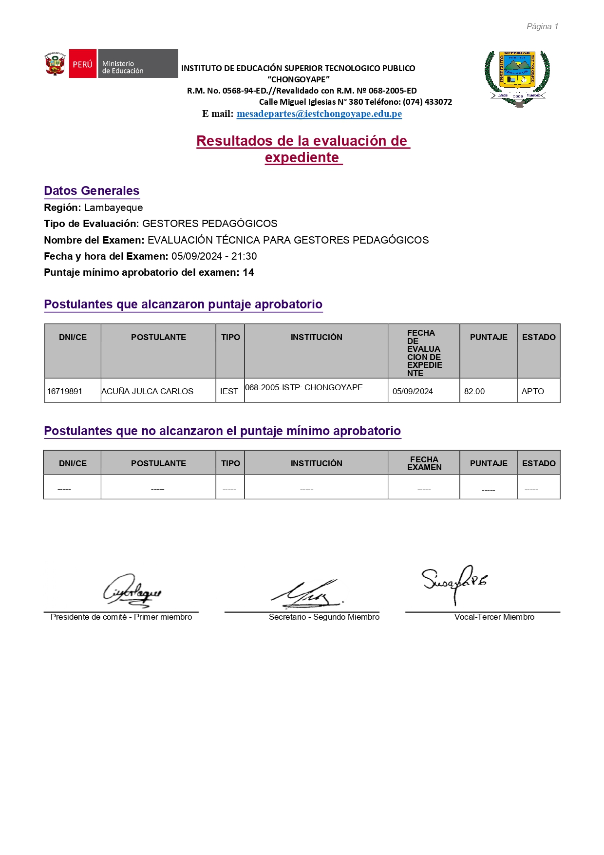 RESULTADOS DE EVALUACIÓN DE EXPEDIENTES PARA LA ENCARGATURA DE PUESTOS/FUNCIONES DE GESTORES PEDAGÓGICOS