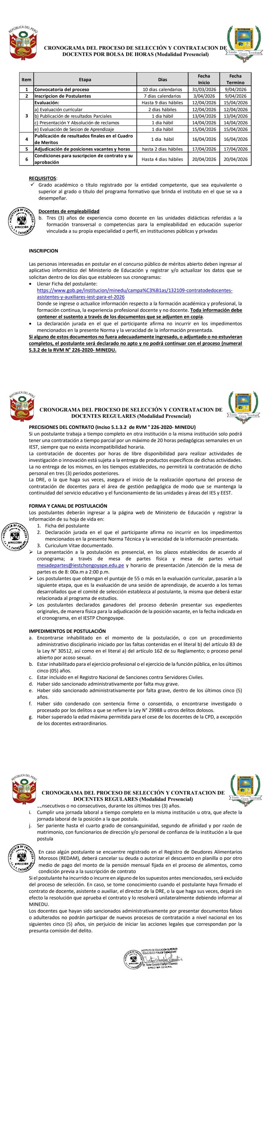 Concurso Público de Méritos abierto para docentes por bolsa de horas 2026 - Iestp "Chongoyape" - CRONOGRAMA