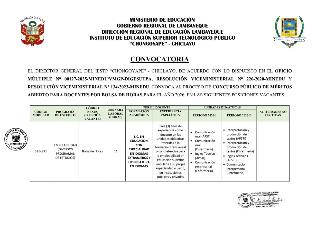 Concurso Público de Méritos abierto para docentes para bolsa de horas 2026-Chongoyape  -PLAZAS