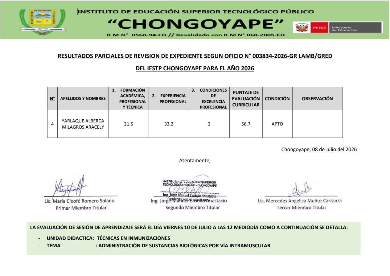 Resultados Parciales de Revisión de expediente según oficio N° 003834-2026-GR-LAMB/GRED DEL IESTP "CHONGOYAPE" PARA EL AÑO 2026