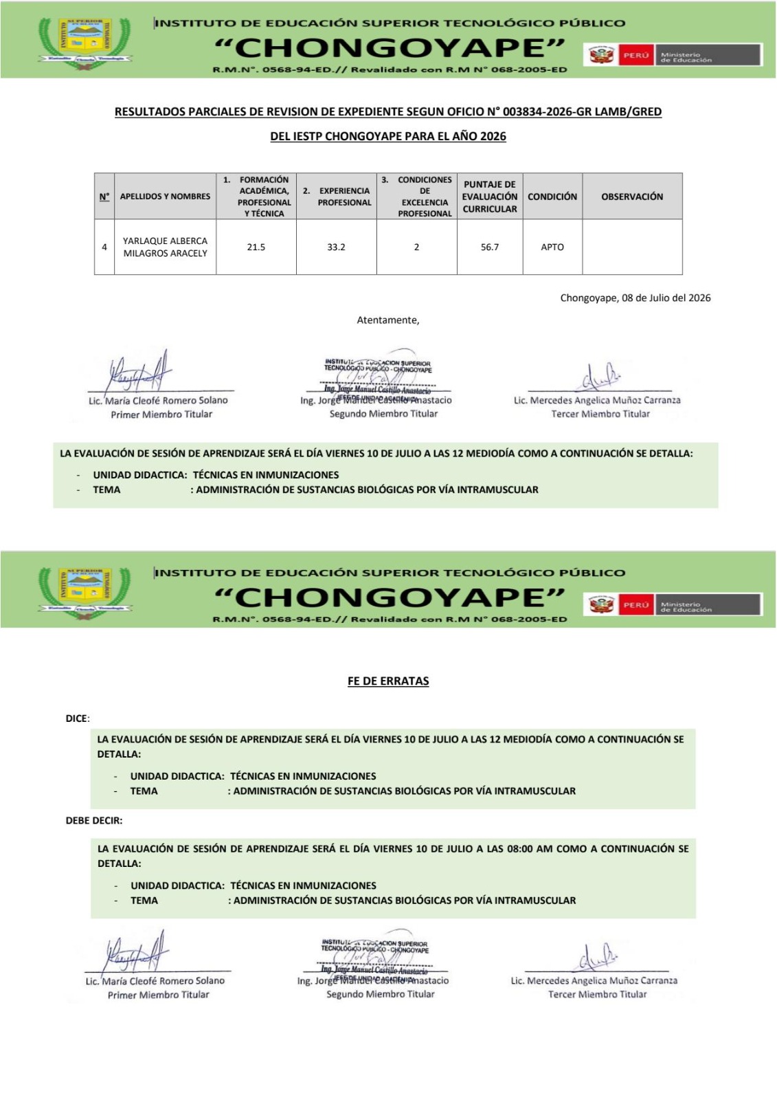 Resultados Parciales de Revisión de expediente según oficio N° 003834-2026-GR-LAMB/GRED DEL IESTP "CHONGOYAPE" PARA EL AÑO 2026